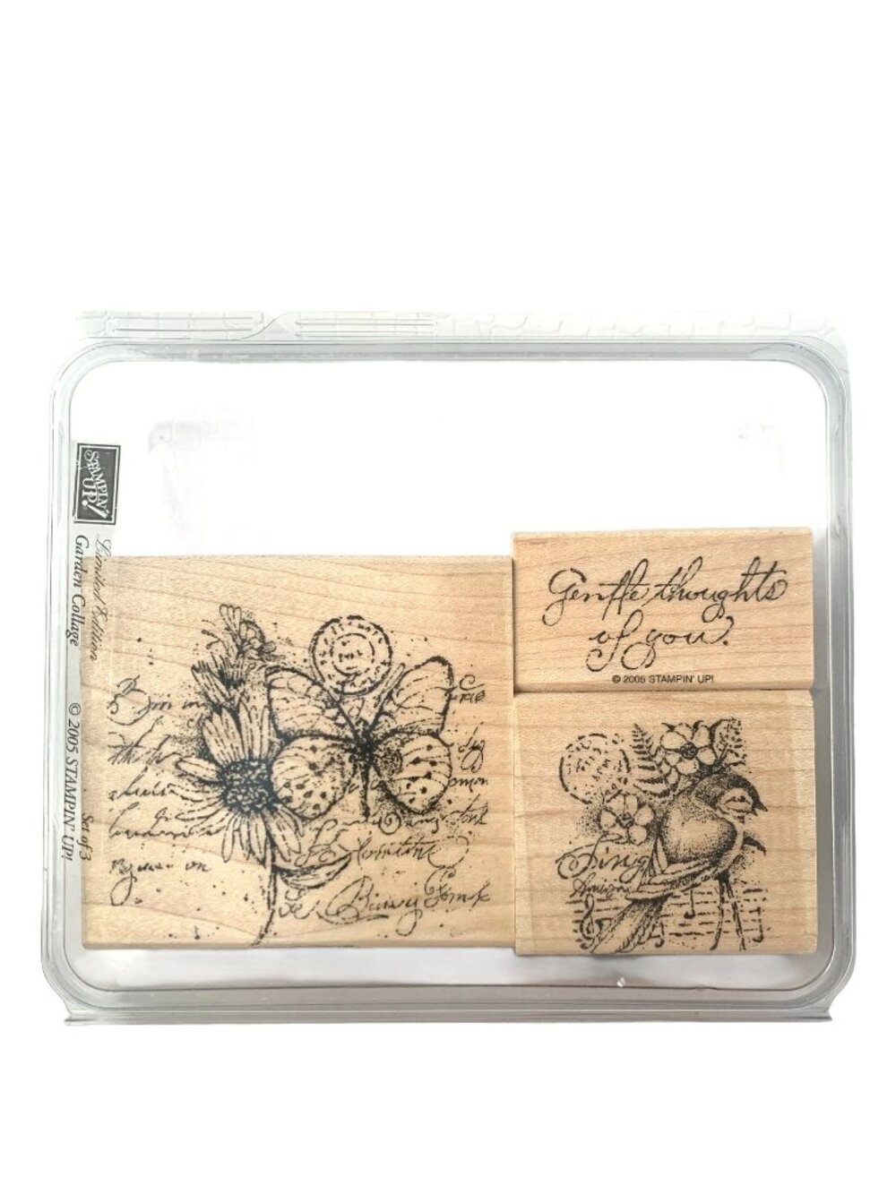 3 Vintage Rubber Stamps Garden Collage Butterfly Bird Gentle Thoughts of You Sta
